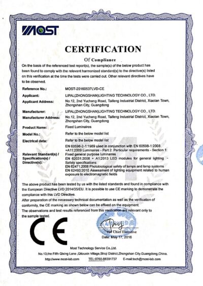Lipal lighting CE-LVD certification