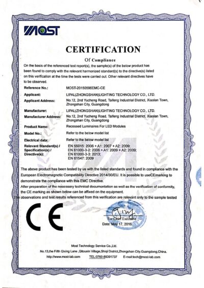 Lipal recessed lighting CE-EMC certification