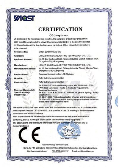 Lipal recessed lighting CE-LVD certification