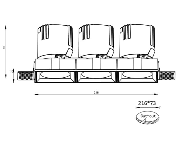 ETL recessed downlight BumbleB75A3S 3 inch 3 head drawing